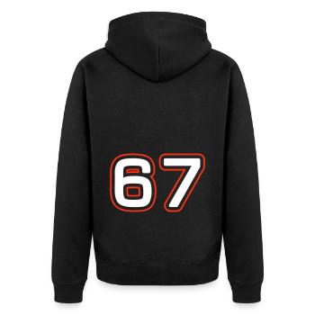 67 Zahl Symbol - Unisex Premium Bio Zip Hoodie - Schwarz - Hinten - Nico (187cm)