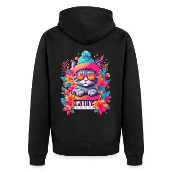 Cute Cat with Piano - Unisex Premium Organic Zip Hoodie - black - Back - Nico (187cm)