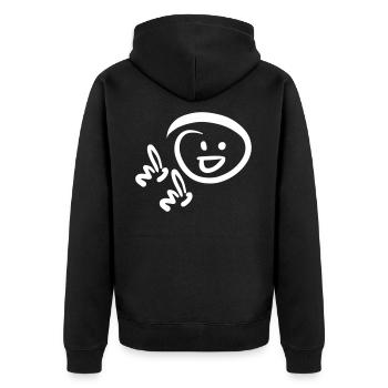 Visage souriant, pointant du doigt quelque chose - Veste à capuche bio Premium Unisexe - noir - Dos - Nico (187cm)