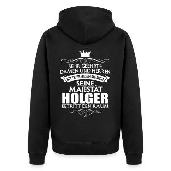 HOLGER - Majestät - Unisex Premium Bio Zip Hoodie - Schwarz - Hinten - Nico (187cm)