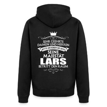 LARS - Majestät - Unisex Premium Bio Zip Hoodie - Schwarz - Hinten - Nico (187cm)