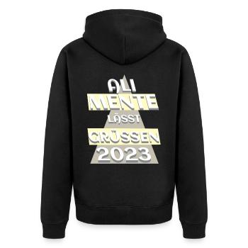 Ali Mente grüßt Euch, 2023, nehme es mit Humor - Unisex Premium Bio Zip Hoodie - Schwarz - Hinten - Nico (187cm)