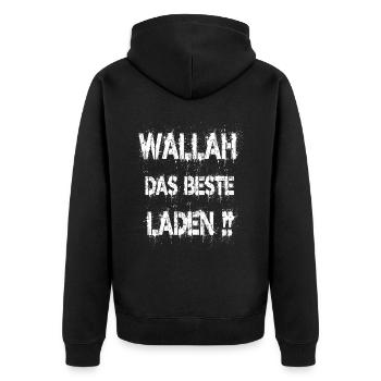 Wallah das beste laden!! Lustiges Outfit - Unisex Premium Bio Zip Hoodie - Schwarz - Hinten - Nico (187cm)