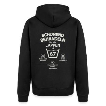Der Alte Lappen, Schonend Behandeln 67. Geburtstag - Unisex Premium Bio Zip Hoodie - Schwarz - Hinten - Nico (187cm)