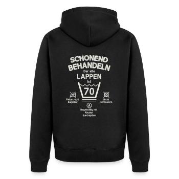 Der Alte Lappen, Schonend Behandeln 70. Geburtstag - Unisex Premium Bio Zip Hoodie - Schwarz - Hinten - Nico (187cm)