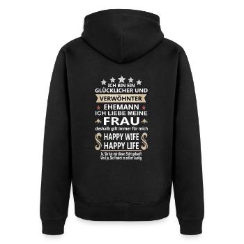 Verwöhnter Ehemann Happy Wife Happy Life Motiv - Unisex Premium Bio Zip Hoodie - Schwarz - Hinten - Nico (187cm)