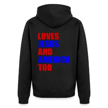 loves jesus and america too - Unisex Premium Bio Zip Hoodie - Schwarz - Hinten - Nico (187cm)