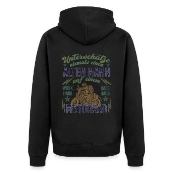 Lustiger Motorrad Spruch Alter Mann Vintage - Unisex Premium Bio Zip Hoodie - Schwarz - Hinten - Nico (187cm)