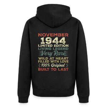 Légende : depuis novembre 1944 Né en novembre 1944 - Veste à capuche bio Premium Unisexe - noir - Dos - Nico (187cm)