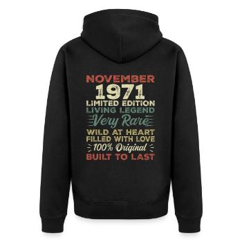 Légende : depuis novembre 1971 Né en novembre 1971 - Veste à capuche bio Premium Unisexe - noir - Dos - Nico (187cm)