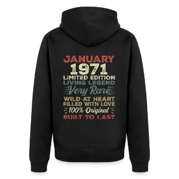Januar 1971 Geburtstag - Januar 1971, January 1971 - Unisex Premium Bio Zip Hoodie - Schwarz - Hinten - Nico (187cm)