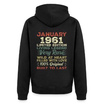 Anniversaire de Janvier 1961 - Janvier 1961, Janvier 1961 - Veste à capuche bio Premium Unisexe - noir - Dos - Nico (187cm)