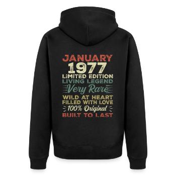 Anniversaire de Janvier 1977 - Janvier 1977, Janvier 1977 - Veste à capuche bio Premium Unisexe - noir - Dos - Nico (187cm)