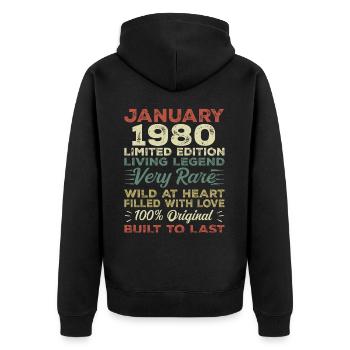 Anniversaire de Janvier 1980 - Janvier 1980, Janvier 1980 - Veste à capuche bio Premium Unisexe - noir - Dos - Nico (187cm)