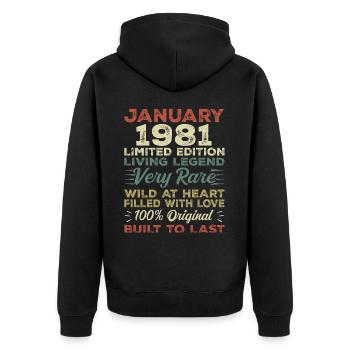 Januar 1981 Geburtstag - Januar 1981, January 1981 - Unisex Premium Bio Zip Hoodie - Schwarz - Hinten - Nico (187cm)