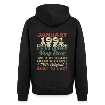 Anniversaire de Janvier 1991 - Janvier 1991, Janvier 1991 - Veste à capuche bio Premium Unisexe - noir - Dos - Nico (187cm)