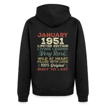 Anniversaire de Janvier 1951 - Janvier 1951, Janvier 1951 - Veste à capuche bio Premium Unisexe - noir - Dos - Nico (187cm)