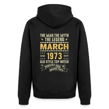 März 1973 Jubiläum 1973 - Legenden März 1973 - Unisex Premium Bio Zip Hoodie - Schwarz - Hinten - Nico (187cm)
