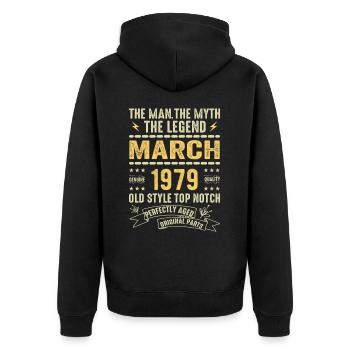 März 1979 Jubiläum 1979 - Legenden März 1979 - Unisex Premium Bio Zip Hoodie - Schwarz - Hinten - Nico (187cm)