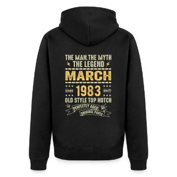 März 1983 Jubiläum 1983 - Legenden März 1983 - Unisex Premium Bio Zip Hoodie - Schwarz - Hinten - Nico (187cm)