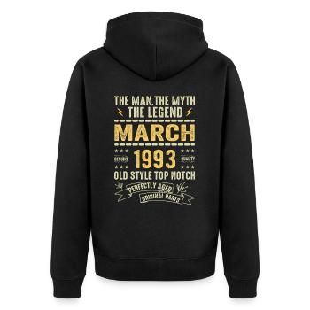 März 1993 Jubiläum 1993 - Legenden März 1993 - Unisex Premium Bio Zip Hoodie - Schwarz - Hinten - Nico (187cm)