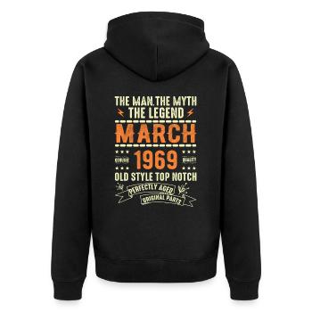 März 1969 Geburtstagsgeschenk Vintage März 1969 - Unisex Premium Bio Zip Hoodie - Schwarz - Hinten - Nico (187cm)