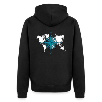 Windrose oder Kompassrose mit weißer Weltkarte - Unisex Premium Bio Zip Hoodie - Schwarz - Hinten - Nico (187cm)