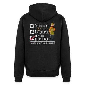 Célibataire en couple en train de chasser / Chasse - Veste à capuche bio Premium Unisexe - noir - Dos - Nico (187cm)