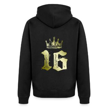 16 Zahl Krone - Unisex Premium Bio Zip Hoodie - Schwarz - Hinten - Nico (187cm)