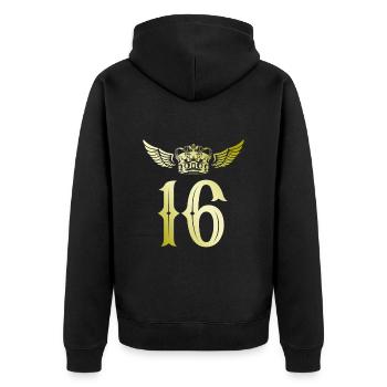 16 Zahl Krone - Unisex Premium Bio Zip Hoodie - Schwarz - Hinten - Nico (187cm)