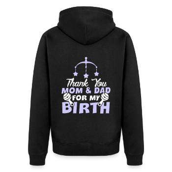 danke mama papa baby - Unisex Premium Bio Zip Hoodie - Schwarz - Hinten - Nico (187cm)