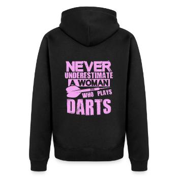 dart nicht unterschätzen frau - Unisex Premium Bio Zip Hoodie - Schwarz - Hinten - Nico (187cm)