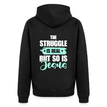 jesus ist real - Unisex Premium Bio Zip Hoodie - Schwarz - Hinten - Nico (187cm)