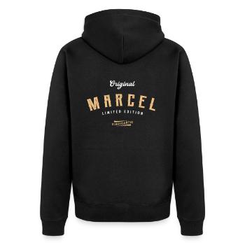 Marcel Limited Edition - Unisex Premium Bio Zip Hoodie - Schwarz - Hinten - Nico (187cm)