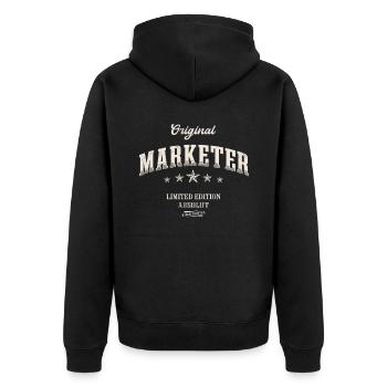 Marketer Limited Edition Lustiges Marketing - Unisex Premium Bio Zip Hoodie - Schwarz - Hinten - Nico (187cm)