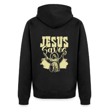Jesus Saves - Unisex Premium Bio Zip Hoodie - Schwarz - Hinten - Nico (187cm)