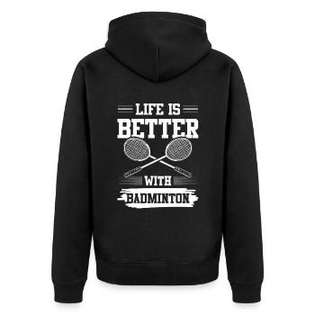 badminton lustiger spruch - Unisex Premium Bio Zip Hoodie - Schwarz - Hinten - Nico (187cm)