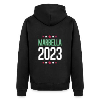 Marbella 2023 - Unisex Premium Organic Zip Hoodie - black - Back - Nico (187cm)