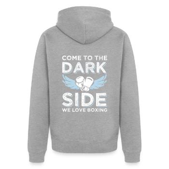 boxen lustiger spruch - Unisex Premium Bio Zip Hoodie - Grau meliert - Hinten - Nico (187cm)