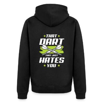 darts dart - Unisex Premium Bio Zip Hoodie - Schwarz - Hinten - Nico (187cm)