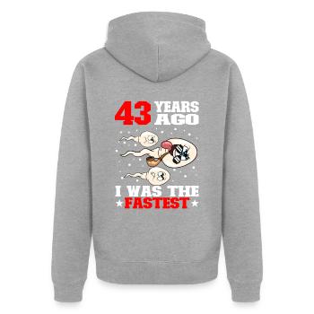 Citation d’anniversaire drôle 43 ans - Veste à capuche bio Premium Unisexe - gris chiné - Dos - Nico (187cm)