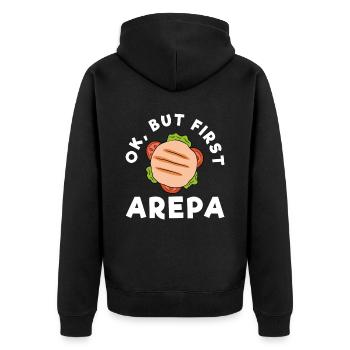 Ok, But First Arepa - Unisex Premium Bio Zip Hoodie - Schwarz - Hinten - Nico (187cm)