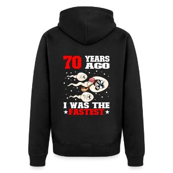 Lustiger Geburtstagsspruch 70 Jahre Alt - Unisex Premium Bio Zip Hoodie - Schwarz - Hinten - Nico (187cm)