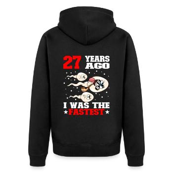 Lustiger Geburtstagsspruch 27 Jahre Alt - Unisex Premium Bio Zip Hoodie - Schwarz - Hinten - Nico (187cm)