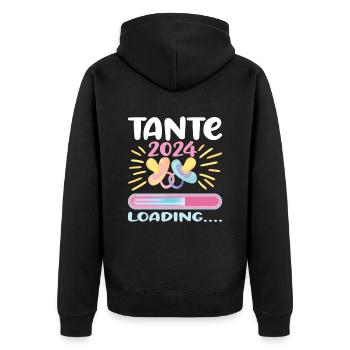 Tante 2024 Loading Tante werden 2024 - Unisex Premium Bio Zip Hoodie - Schwarz - Hinten - Nico (187cm)