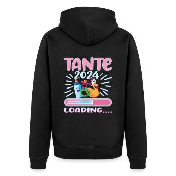 Tante 2024 Loading Tante werden 2024 - Unisex Premium Bio Zip Hoodie - Schwarz - Hinten - Nico (187cm)