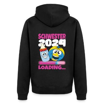 Schwester werden Schwester 2024 - Unisex Premium Bio Zip Hoodie - Schwarz - Hinten - Nico (187cm)