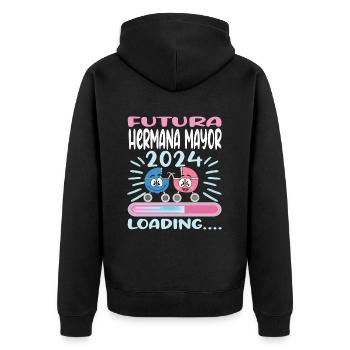 Schwester 2024 Hermana Mayor 2024 - Unisex Premium Bio Zip Hoodie - Schwarz - Hinten - Nico (187cm)