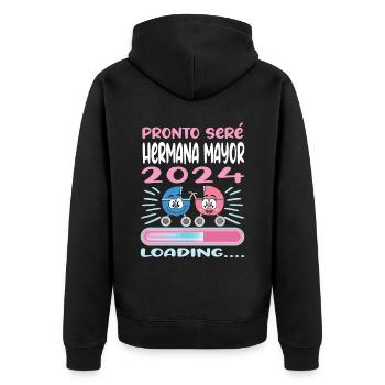 Schwester 2024 Hermana Mayor 2024 - Unisex Premium Bio Zip Hoodie - Schwarz - Hinten - Nico (187cm)