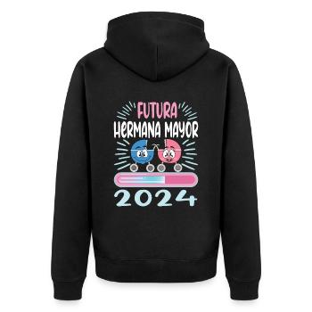 Schwester 2024 Hermana Mayor 2024 - Unisex Premium Bio Zip Hoodie - Schwarz - Hinten - Nico (187cm)